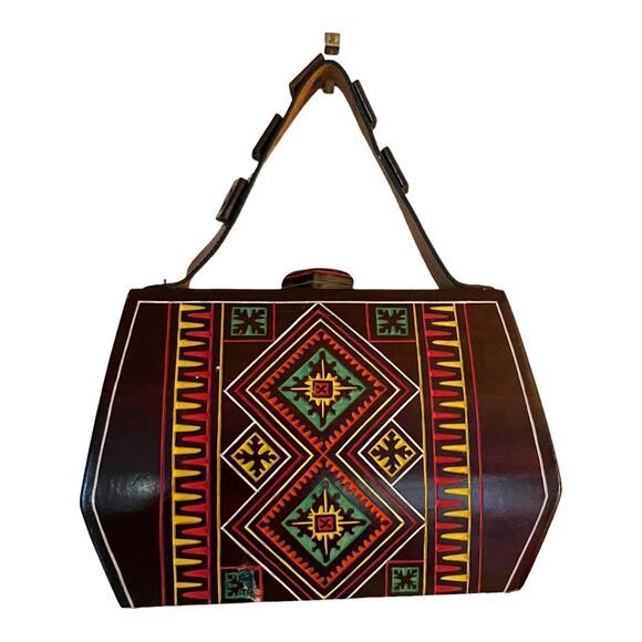 VINTAGE Wood Bag Hand Carved Diamond Shapes Leather Handle Fabric Mini Hexagon - Picture 1 of 9